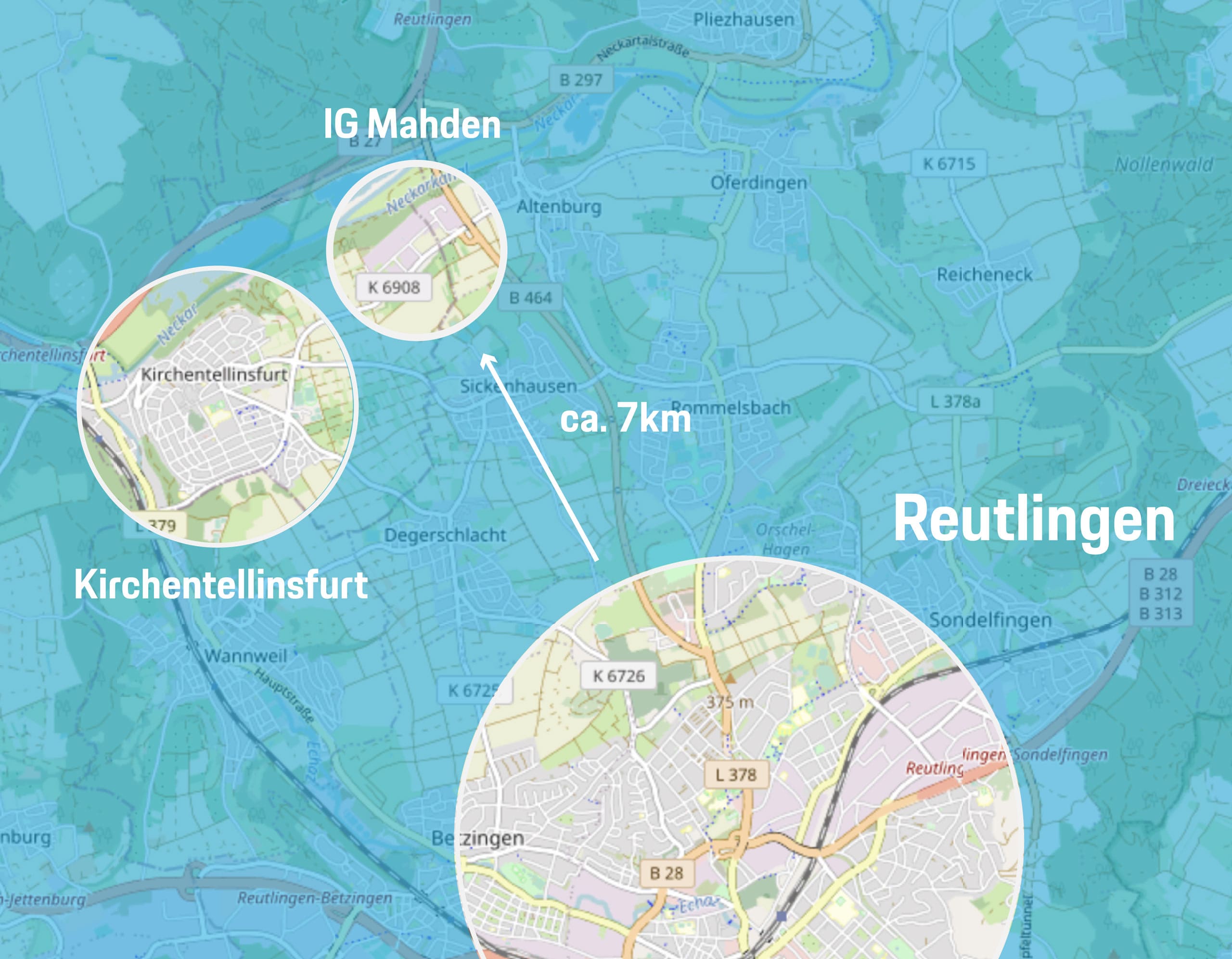 Landkarte des Gebietes um Kirchentellinsfurt und Reutlingen